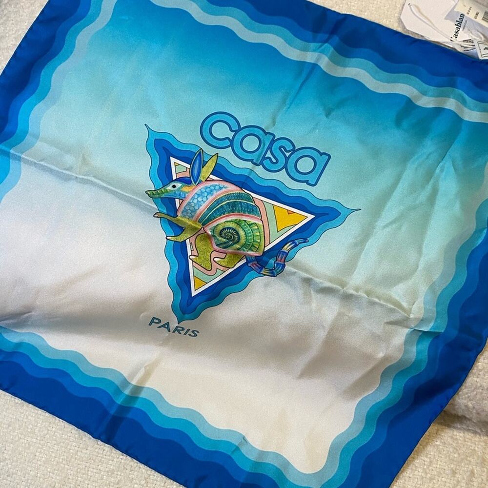 Casablanca Paris Armadillo Blue Silk Twill Logo Scarf NWT